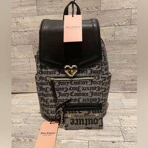 Juicy Couture Blk/ Beige Modern Chic Medium Backpack + Hang Around Card Case NWT